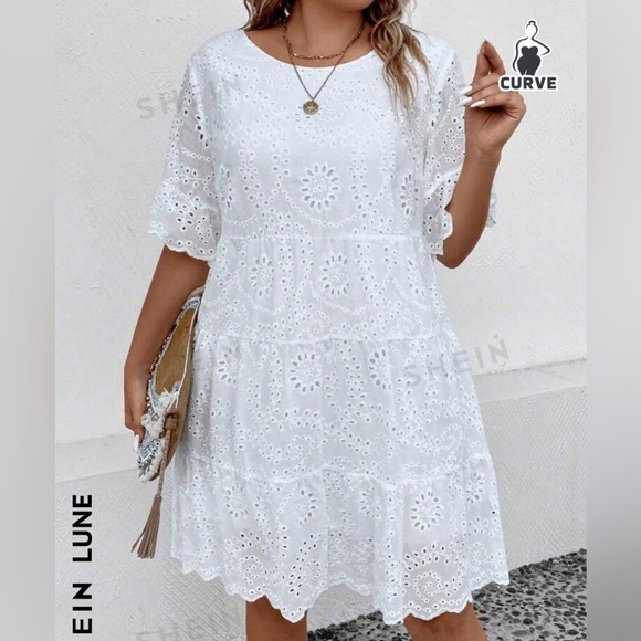 SHEIN LUNE Plus Eyelet Embroidery Ruffle Hem Smock Dress - Picture 8 of 10
